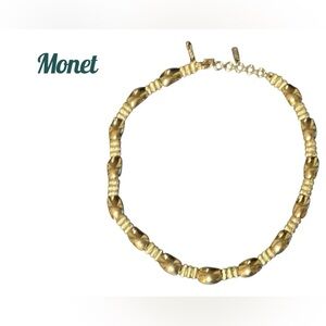 Monet Gold Tone Metal Smooth and Textured Elements Necklace Vintage Hook Closure